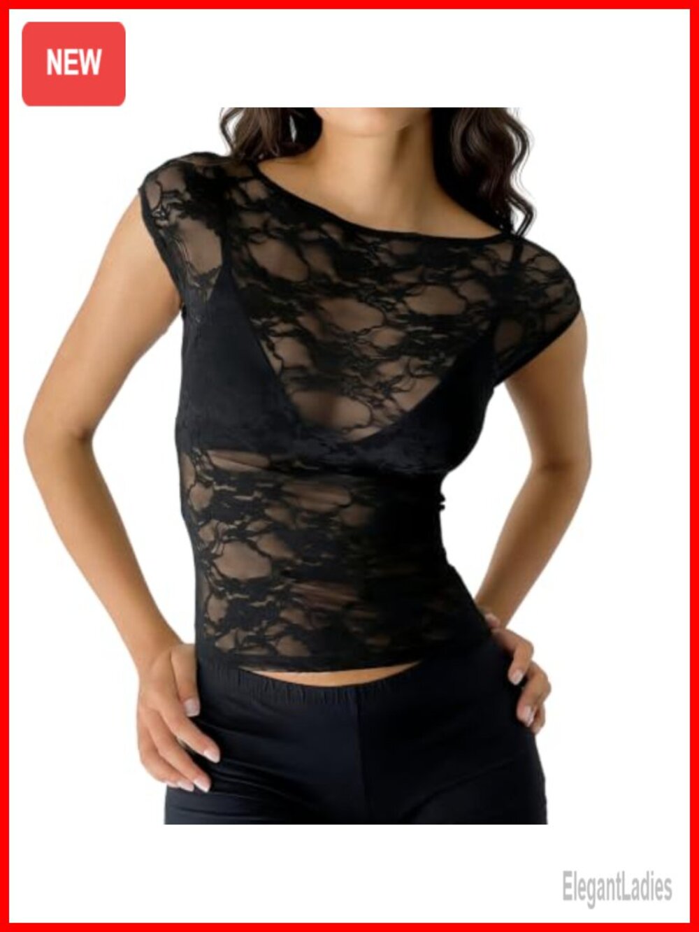 Women Lace Sheer Mesh Top Short Sleeve Boat Neck See Through Y2K Tee